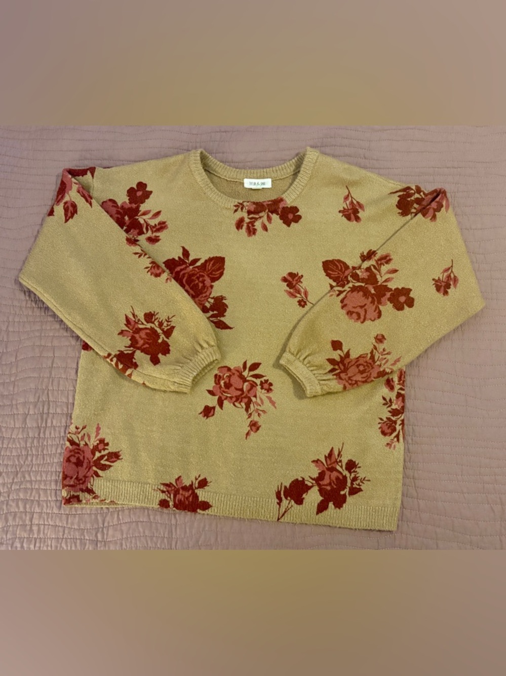 Taylor & Sage Tan Crewneck Sweater with Red Floral Print